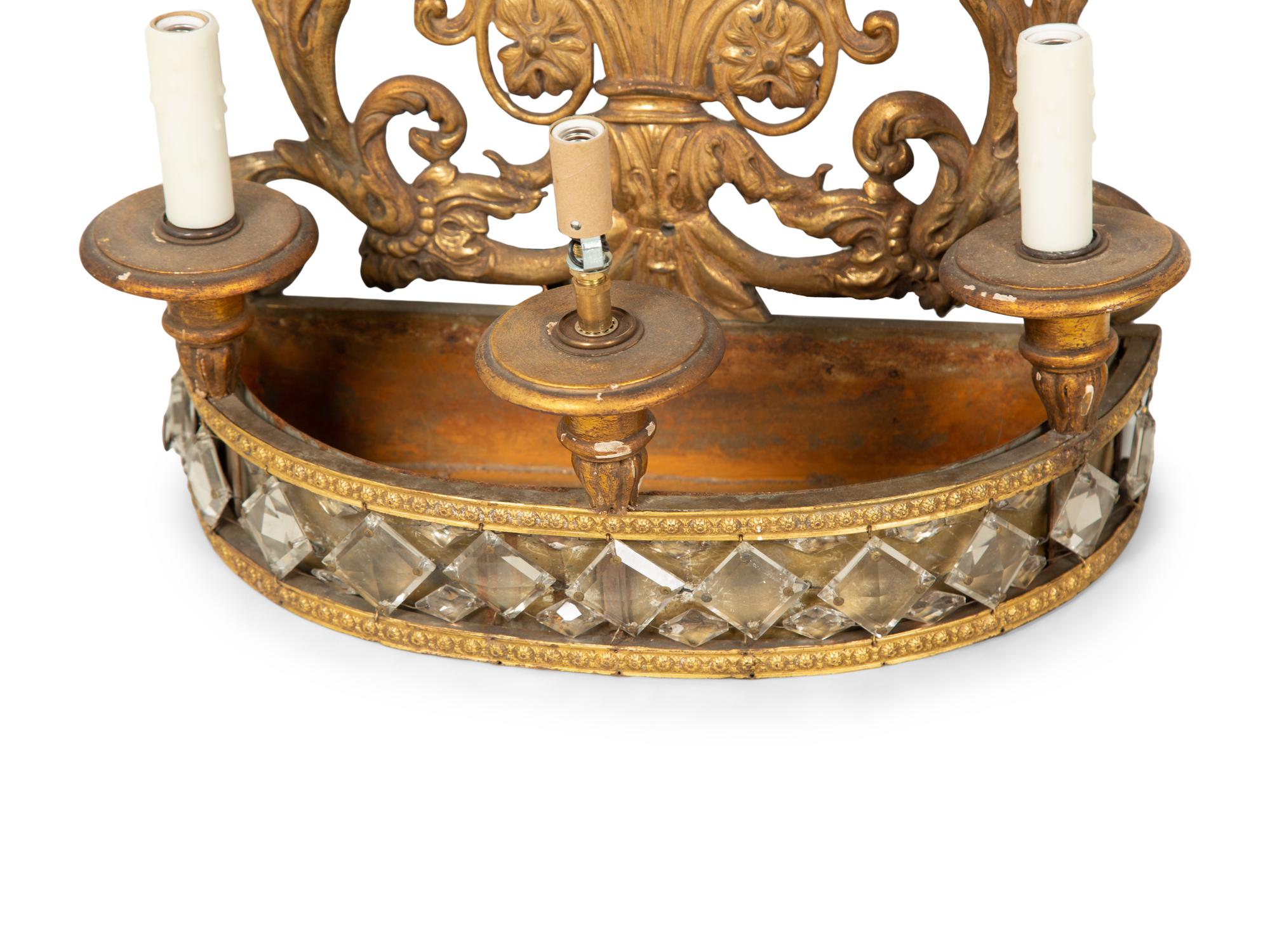 A Pair of Italian Gilt Metal and Glass Three-Light Sconces — Early 20th Century