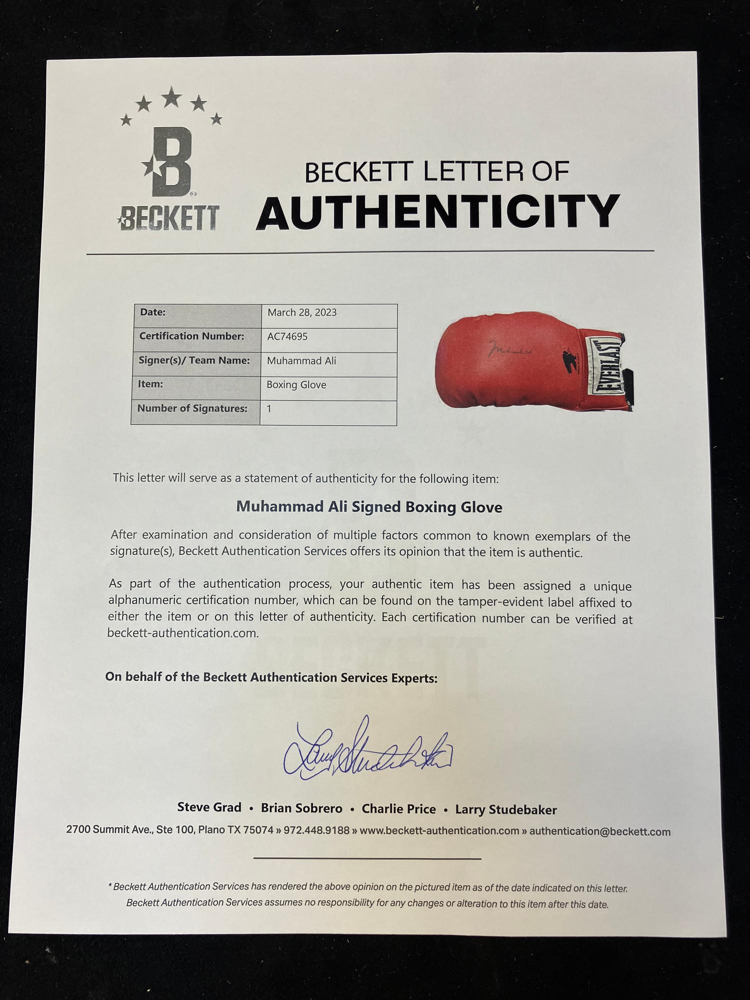 A Muhammad Ali Signed Autograph Boxing Glove (Beckett Authentication Services Letter)