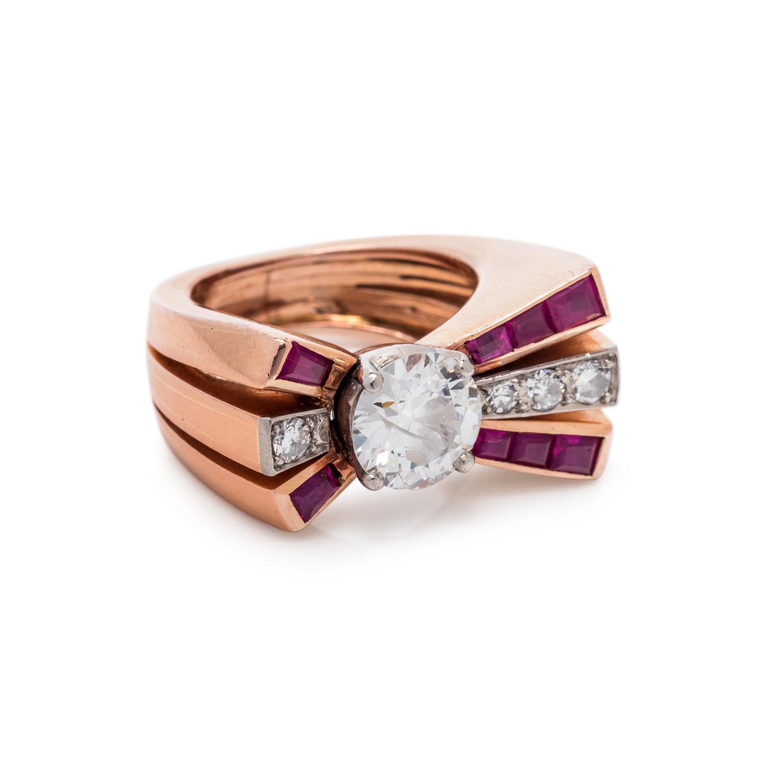 RETRO, DIAMOND AND SYNTHETIC RUBY RING