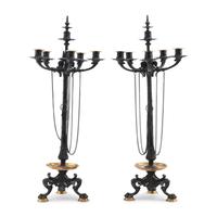 A Pair of French Neoclassical Patinated and Parcel Gilt Bronze and Marble Candelabra