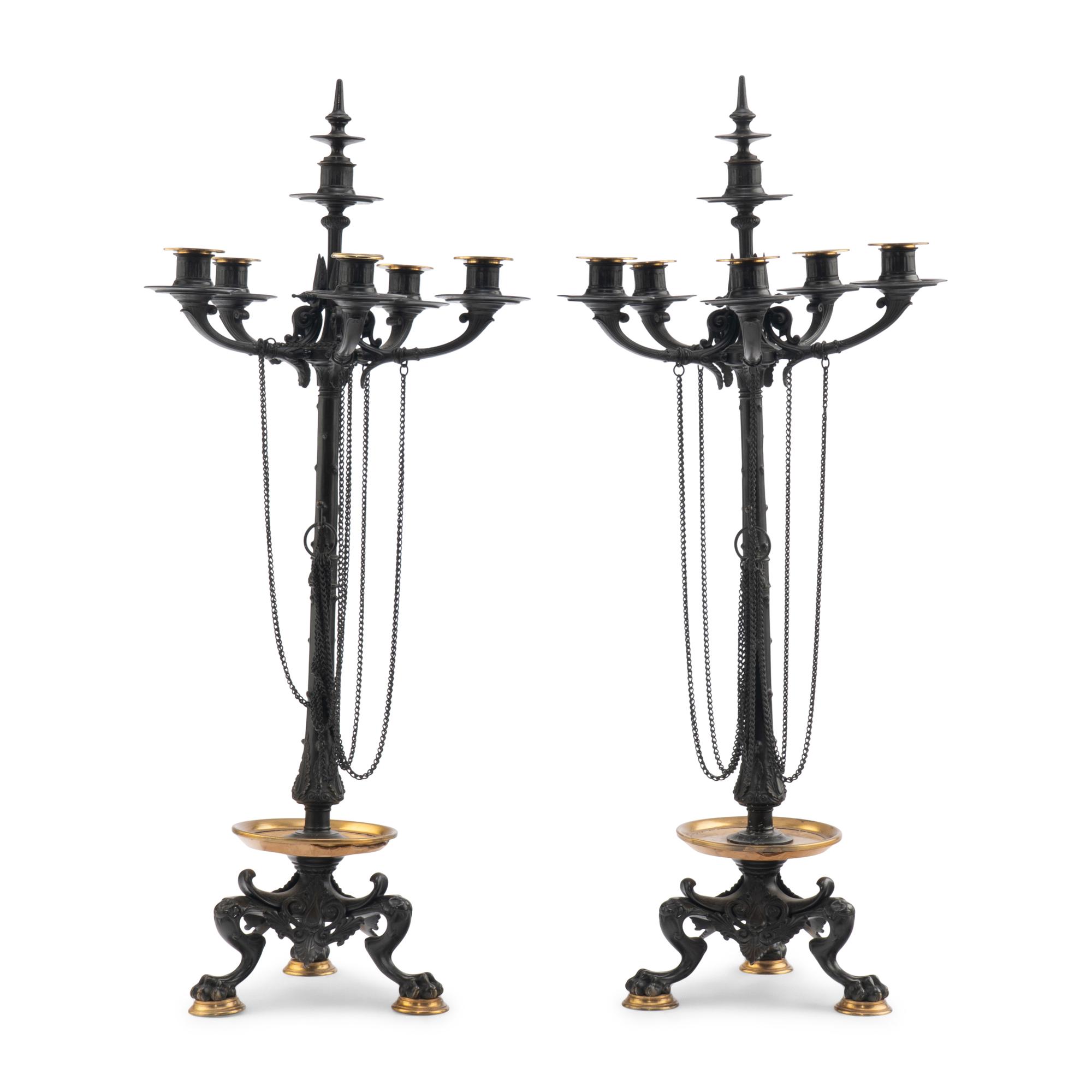 A Pair of French Neoclassical Patinated and Parcel Gilt Bronze and Marble Candelabra