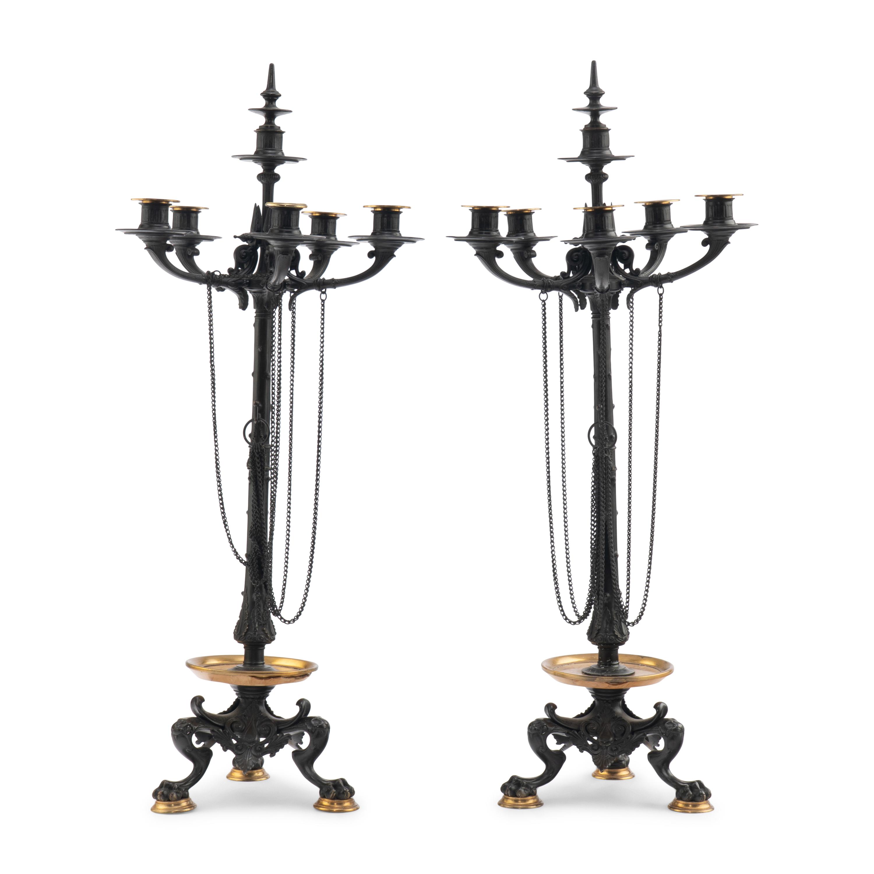A Pair of French Neoclassical Patinated and Parcel Gilt Bronze and Marble Candelabra