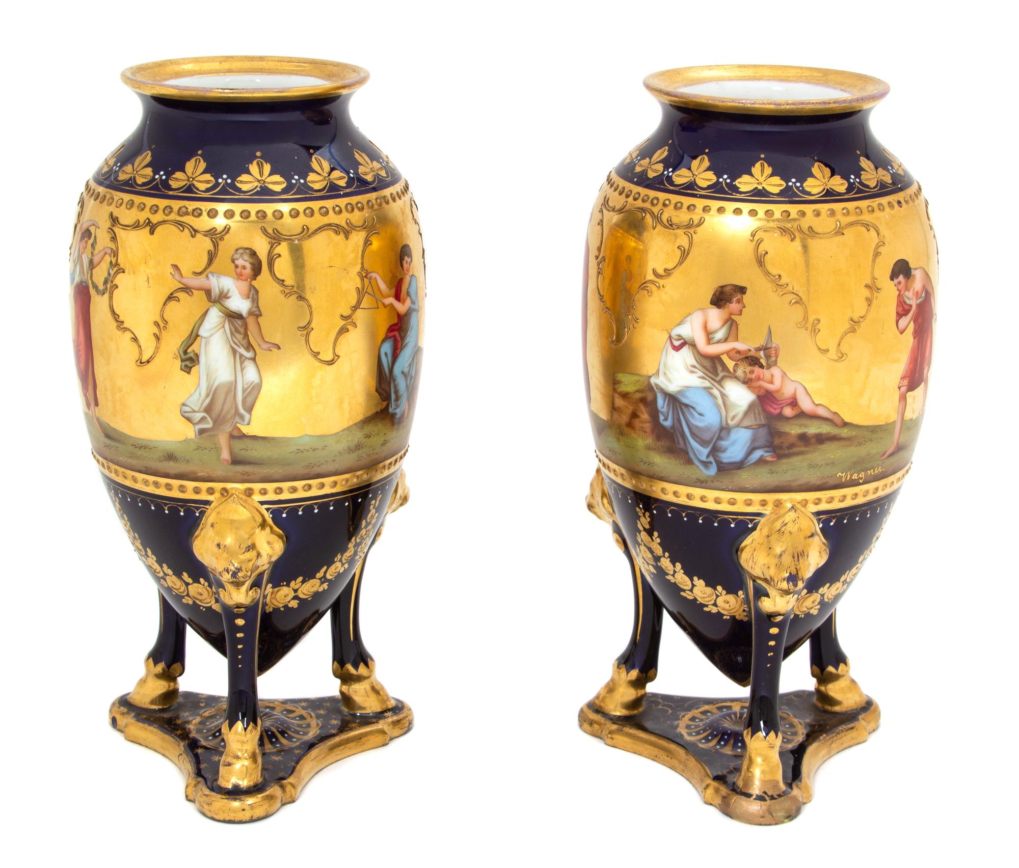 A Three-Piece Royal Vienna Hand Painted Porcelain Garniture Height 7 1/2 x daimeter 3 3/4 inches. — 19TH CENTURY