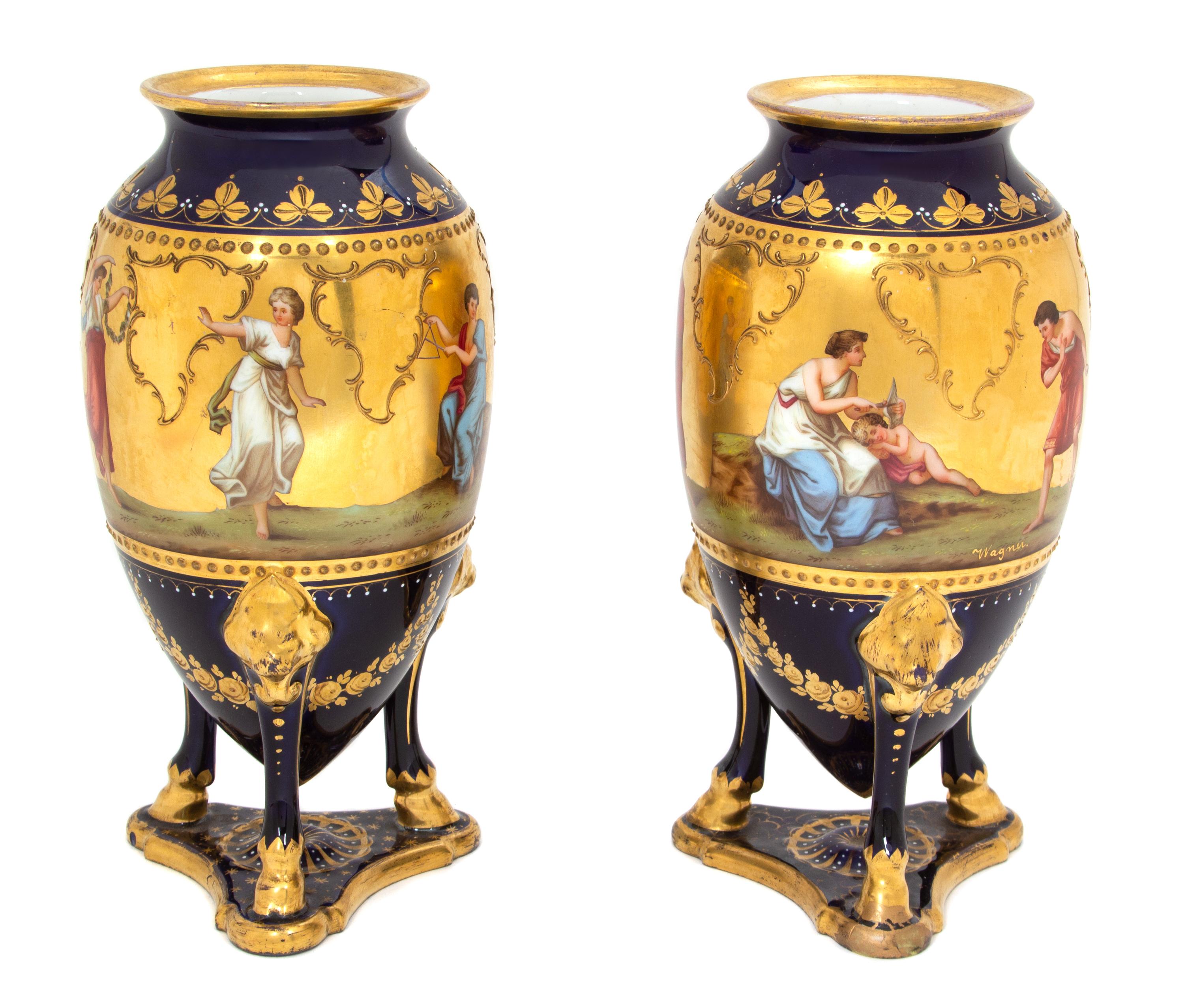 A Three-Piece Royal Vienna Hand Painted Porcelain Garniture Height 7 1/2 x daimeter 3 3/4 inches. — 19TH CENTURY