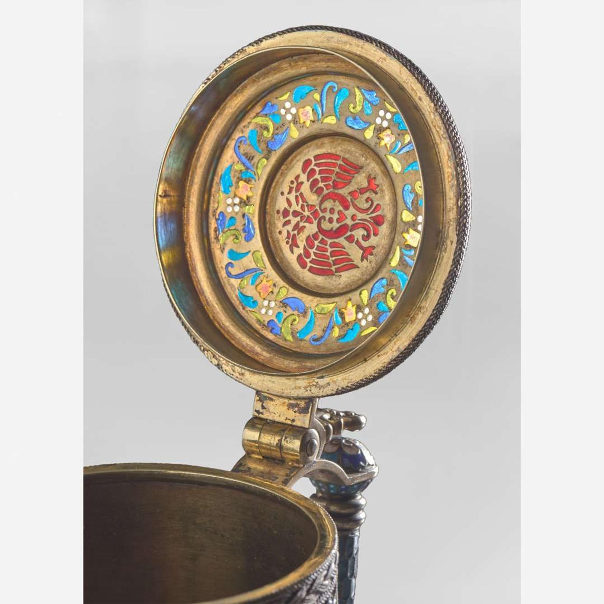 A Russian Silver-Gilt Plique-à-Jour and Cloisonné Imperial Presentation Tankard Pavel Ovchinnikov, Moscow, 1892
