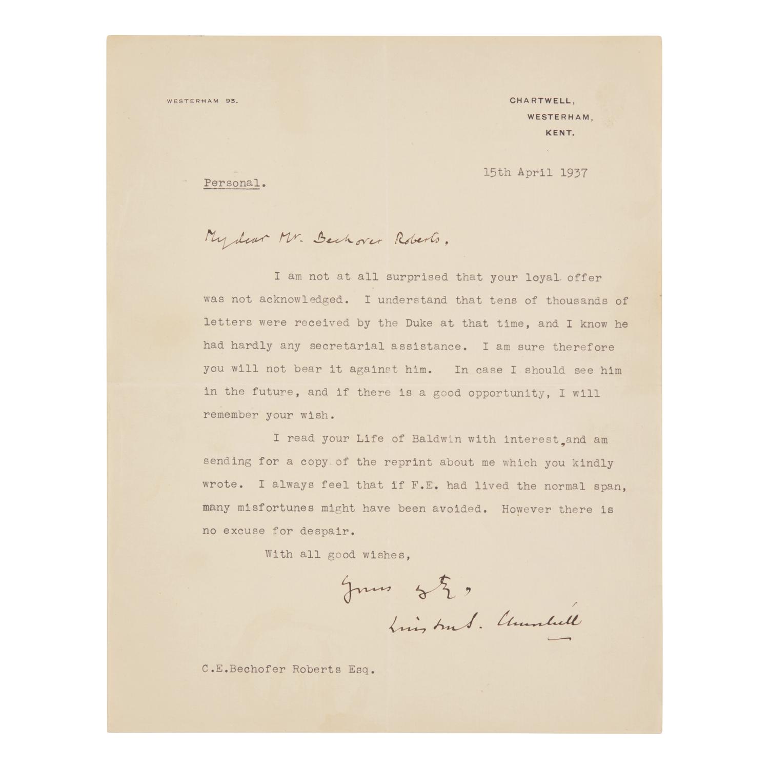 [Churchill, Winston S.] Churchill, Winston S. Typed Letter, signed