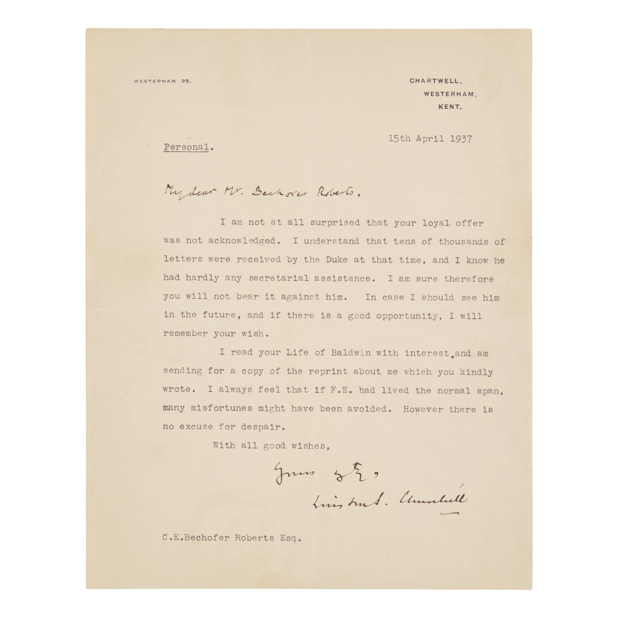 [Churchill, Winston S.] Churchill, Winston S. Typed Letter, signed