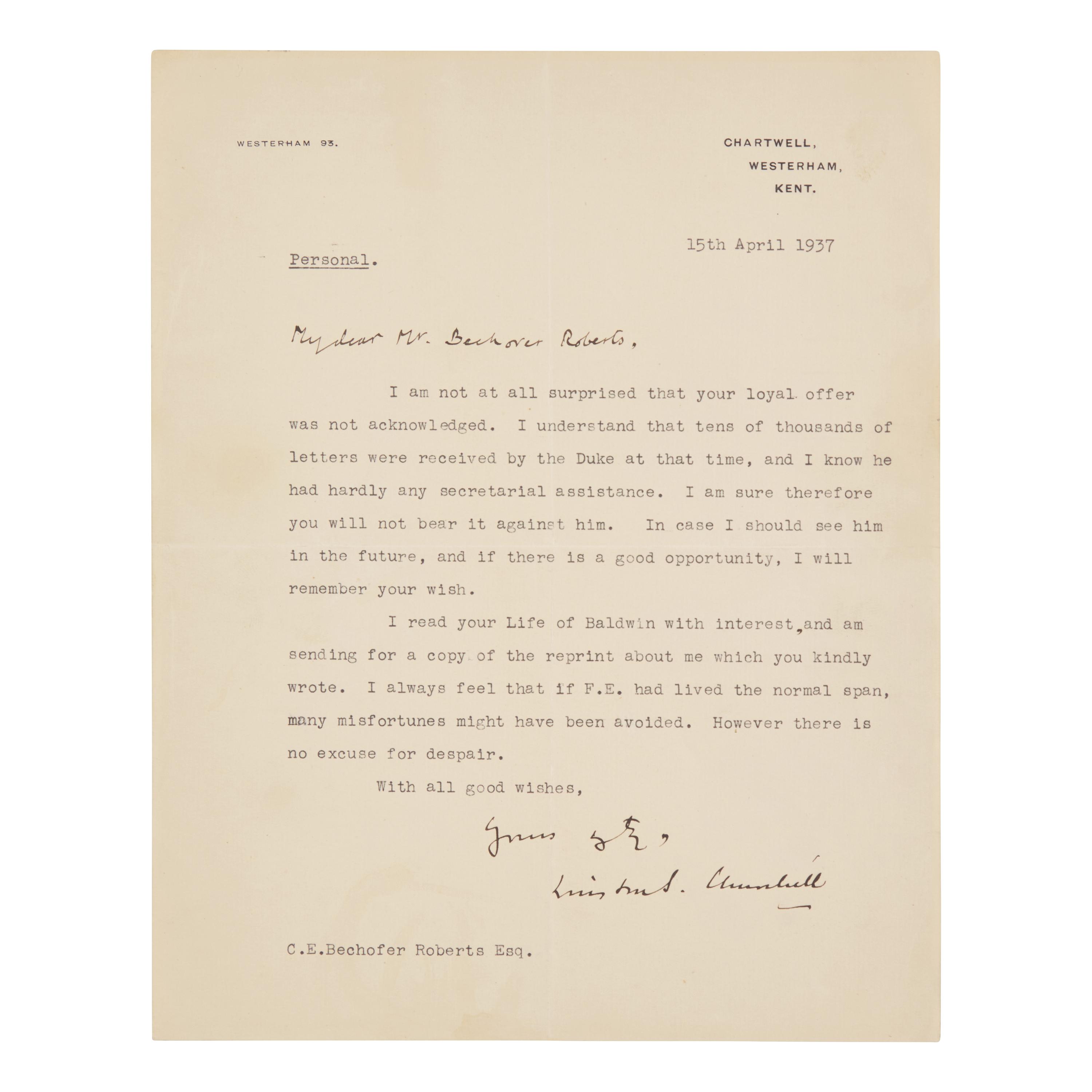 [Churchill, Winston S.] Churchill, Winston S. Typed Letter, signed