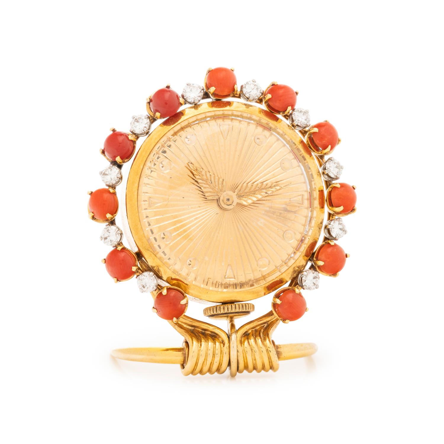 TIFFANY & CO., FRENCH, RETRO, YELLOW GOLD, DIAMOND AND CORAL TRAVEL CLOCK/PENDANT