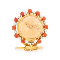 TIFFANY & CO., FRENCH, RETRO, YELLOW GOLD, DIAMOND AND CORAL TRAVEL CLOCK/PENDANT