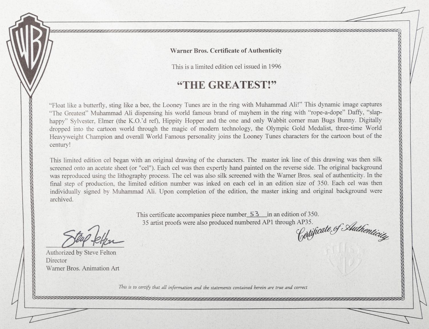 A Muhammad Ali Signed Autograph "The Greatest" Warner Brothers Limited Edition Animation Cel,