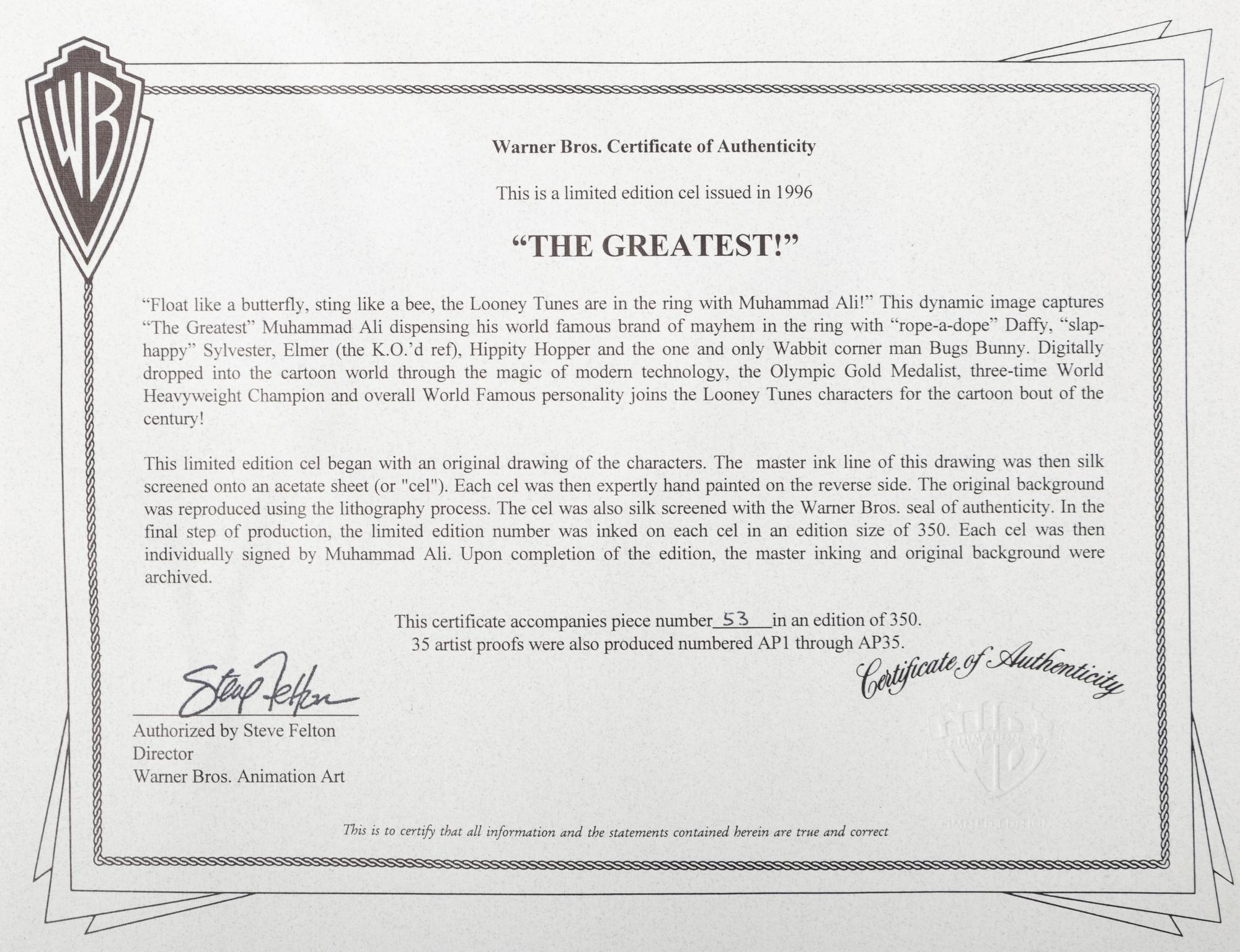 A Muhammad Ali Signed Autograph "The Greatest" Warner Brothers Limited Edition Animation Cel,