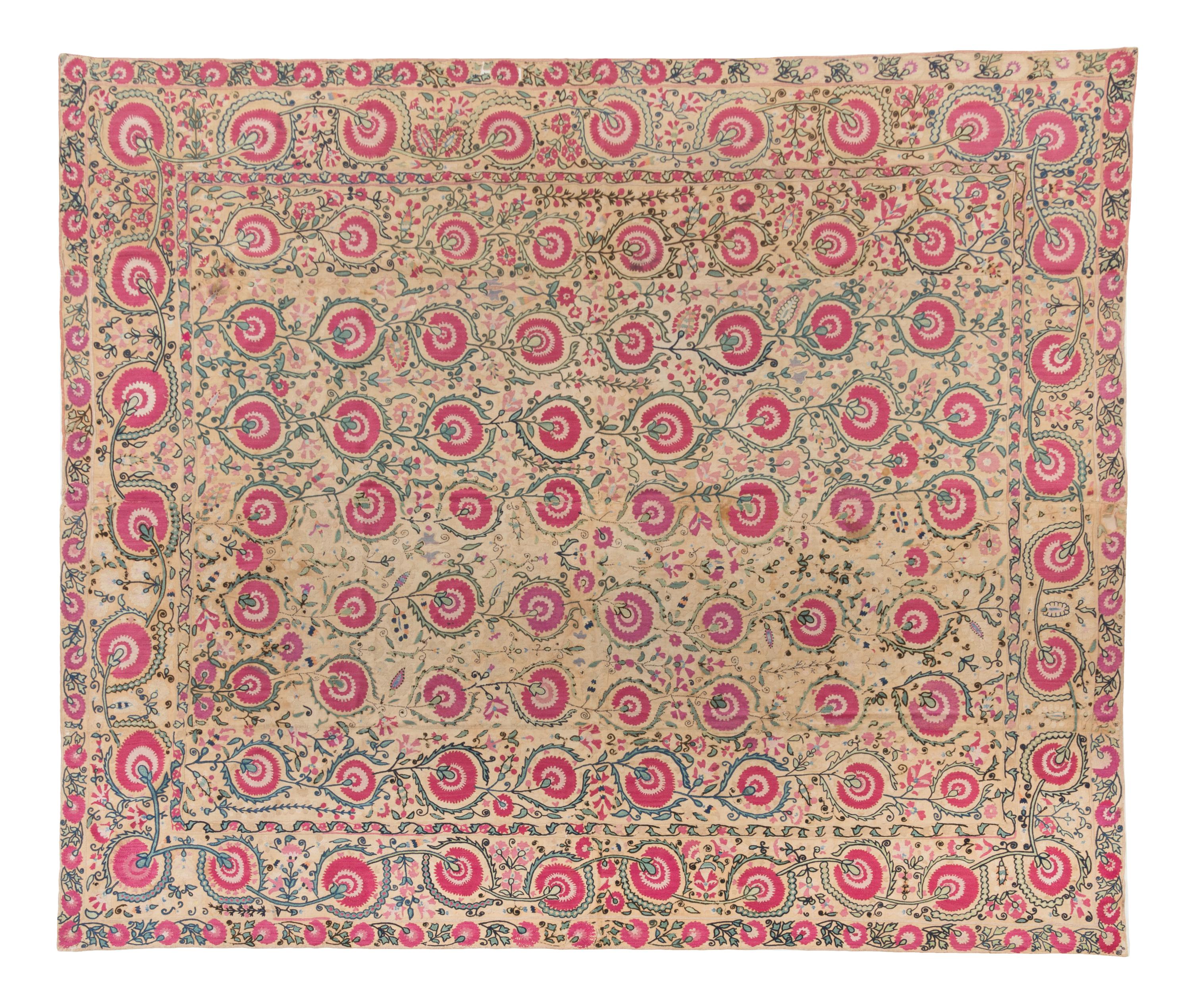 A Ura Tube Suzani Embroidery 6 feet 11 1/2 inches x 5 feet 10 3/4 inches. — MID-19TH CENTURY
