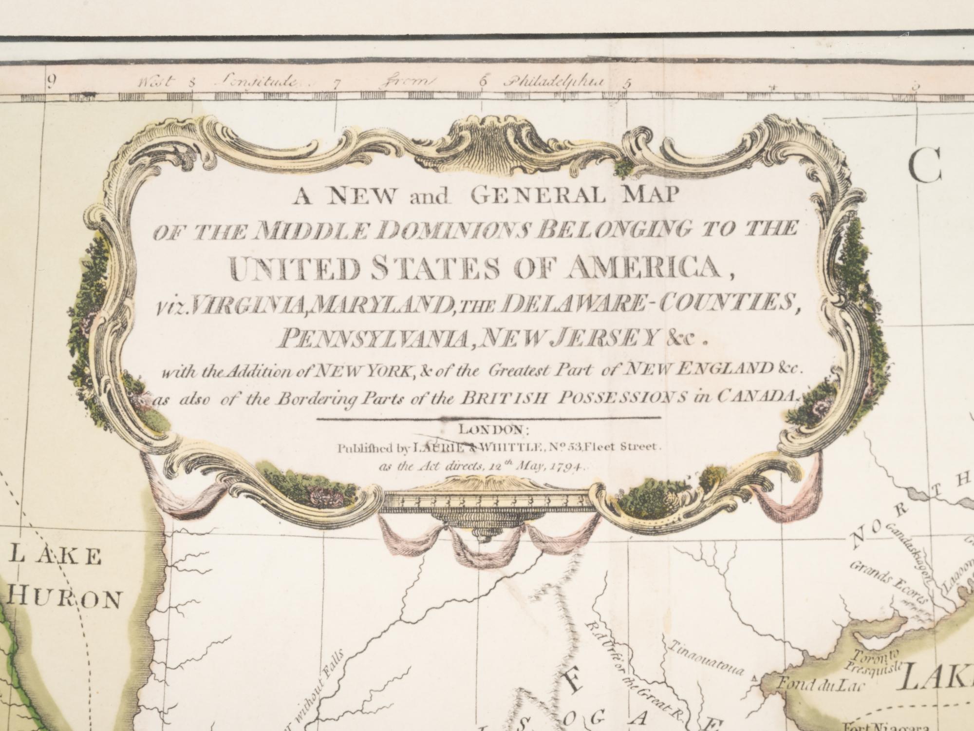 LAURIE, Robert (1755-1836) and James WHITTLE (d.1818). A New and General Map of the Middle Dominions Belonging to the United States of America, viz. Virginia, Maryland, the Delaware-Counties, Pennsylvania, New Jersey. With the Addition of New York, & of the Greatest Part of New England ... London: Laurie and Whittle, 1794.