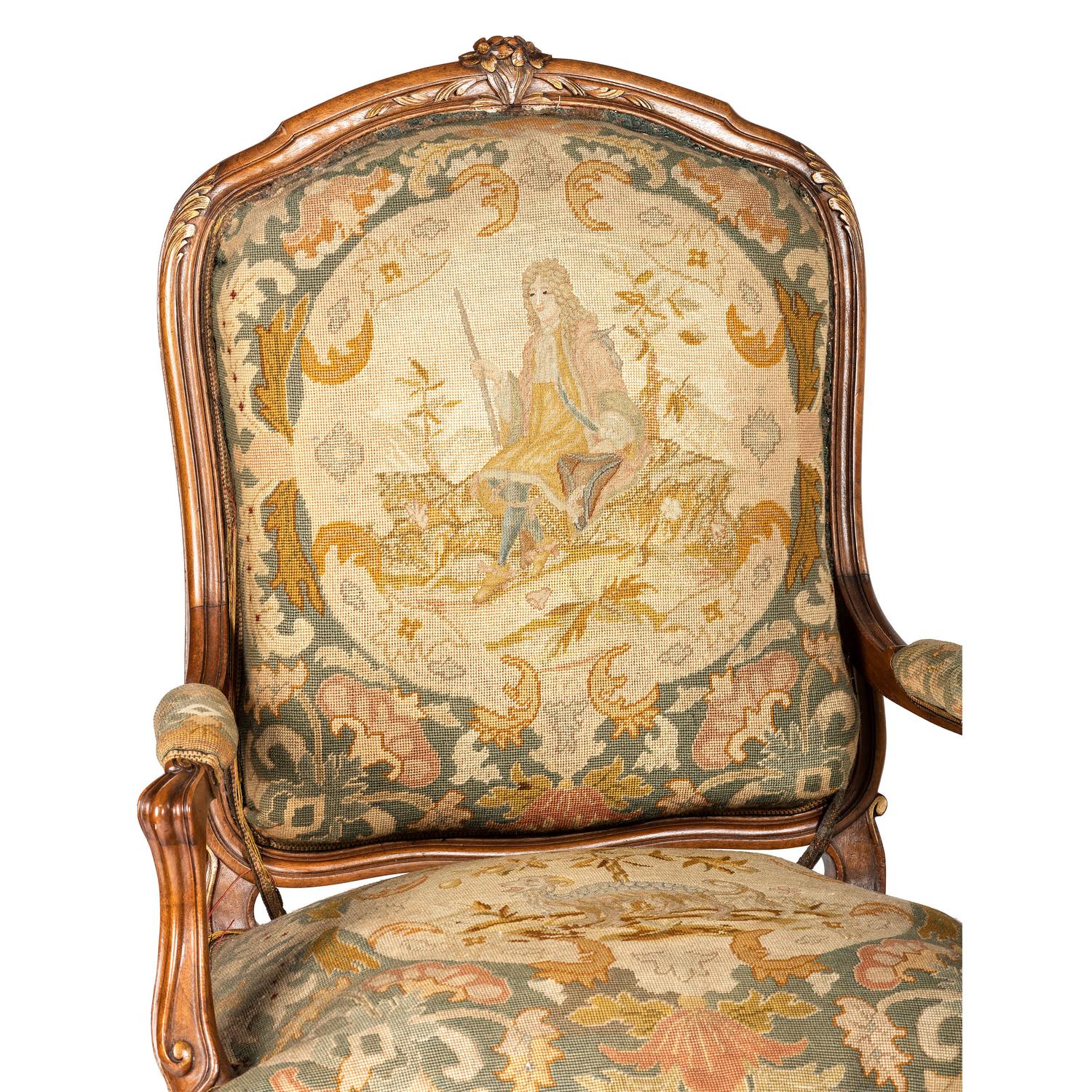 A Suite of Louis XV-Style Carved Walnut Needlework Upholstered Seating Furniture