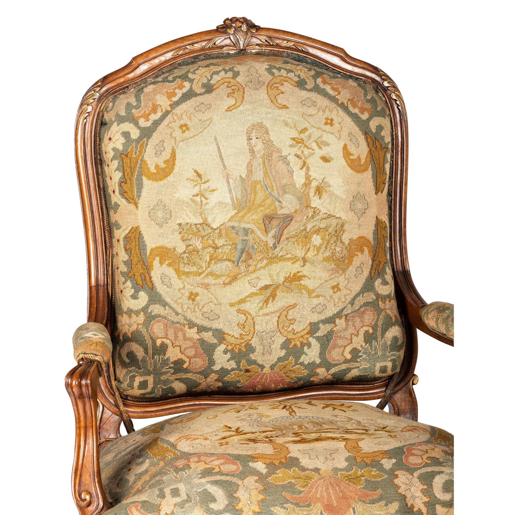 A Suite of Louis XV-Style Carved Walnut Needlework Upholstered Seating Furniture