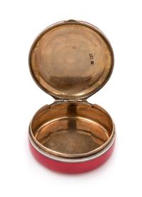A Russian Silver and Guilloche Enamel Snuff Box, Mark of Ivan Bednyakov, St. Petersburg, 19th Century, of circular form.