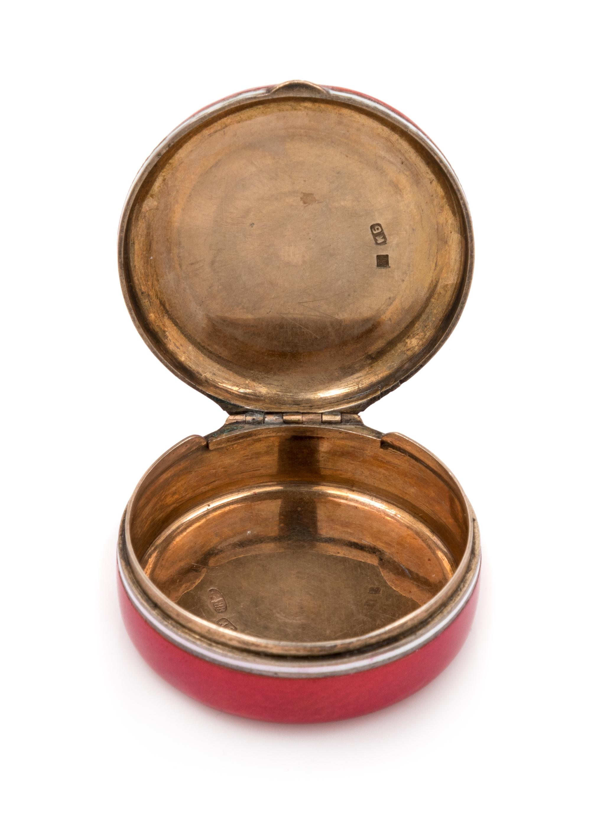 A Russian Silver and Guilloche Enamel Snuff Box, Mark of Ivan Bednyakov, St. Petersburg, 19th Century, of circular form.