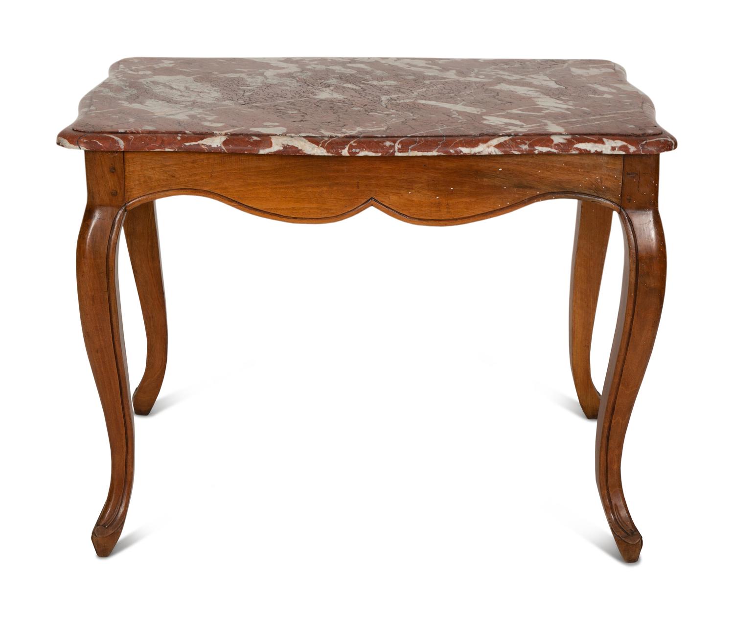 A French Provincial Louis XV Style Fruitwood Table with Rouge Marble Top
