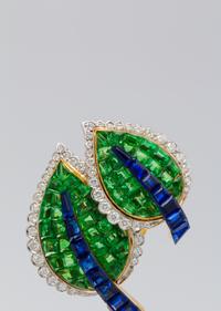 A Pair of Platinum, 18 Karat Yellow Gold, Diamond, Sapphire, and Tsavorite Garnet Earclips, Aletto Brothers