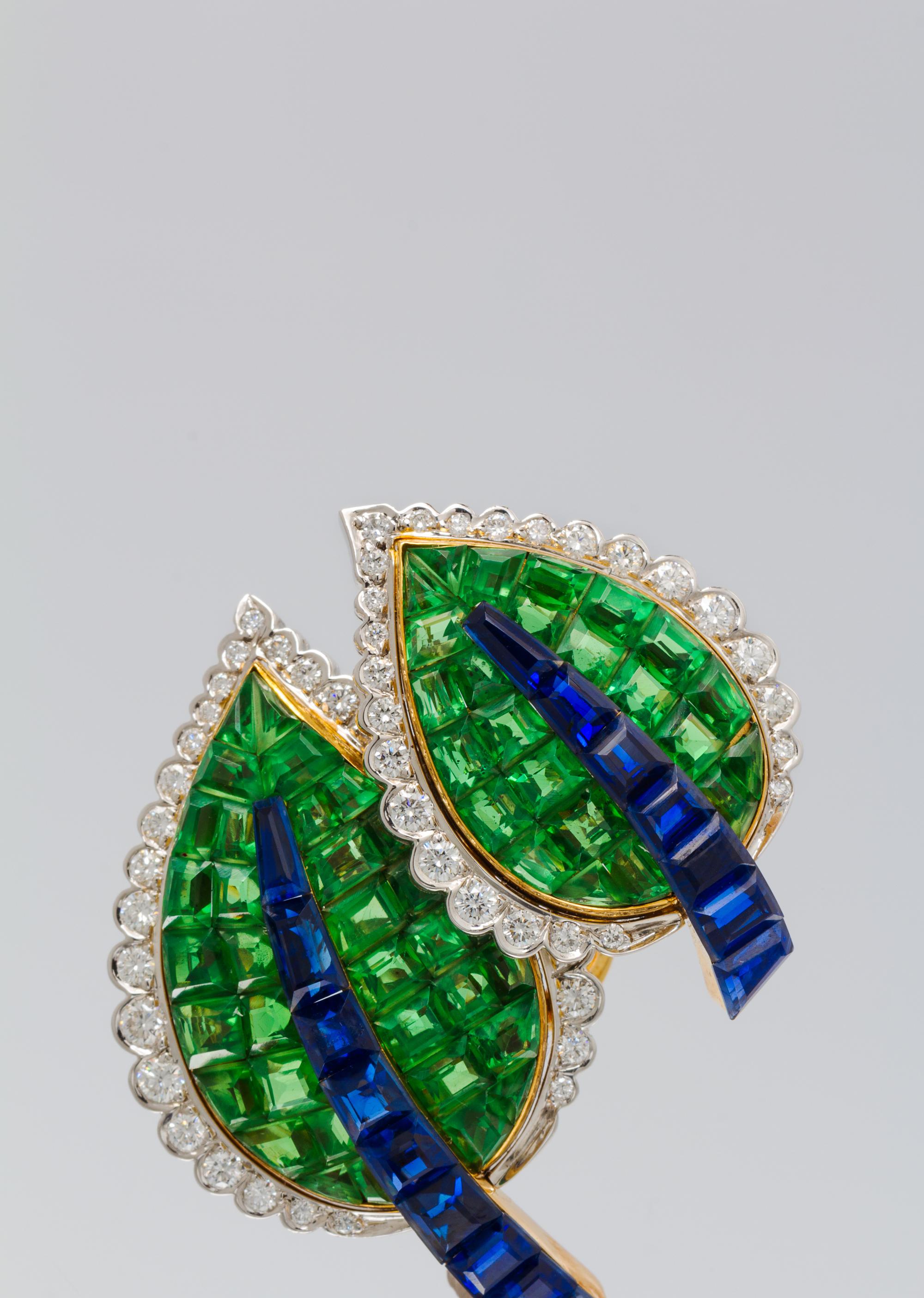 A Pair of Platinum, 18 Karat Yellow Gold, Diamond, Sapphire, and Tsavorite Garnet Earclips, Aletto Brothers