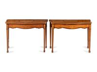 A Pair of George III Mahogany, Satinwood and Marquetry Serpentine Console Tables