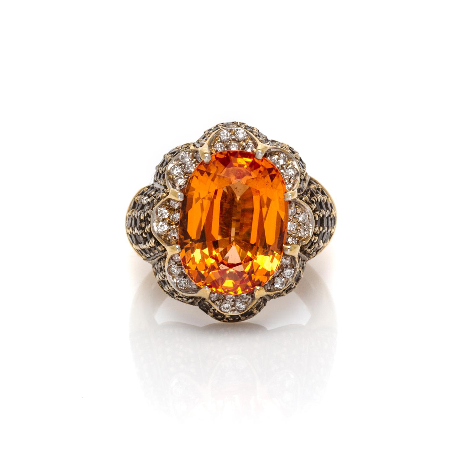 An 18 Karat Yellow Gold, Orange Sapphire, Diamond and Colored Diamond Ring, 10.50 dwts.