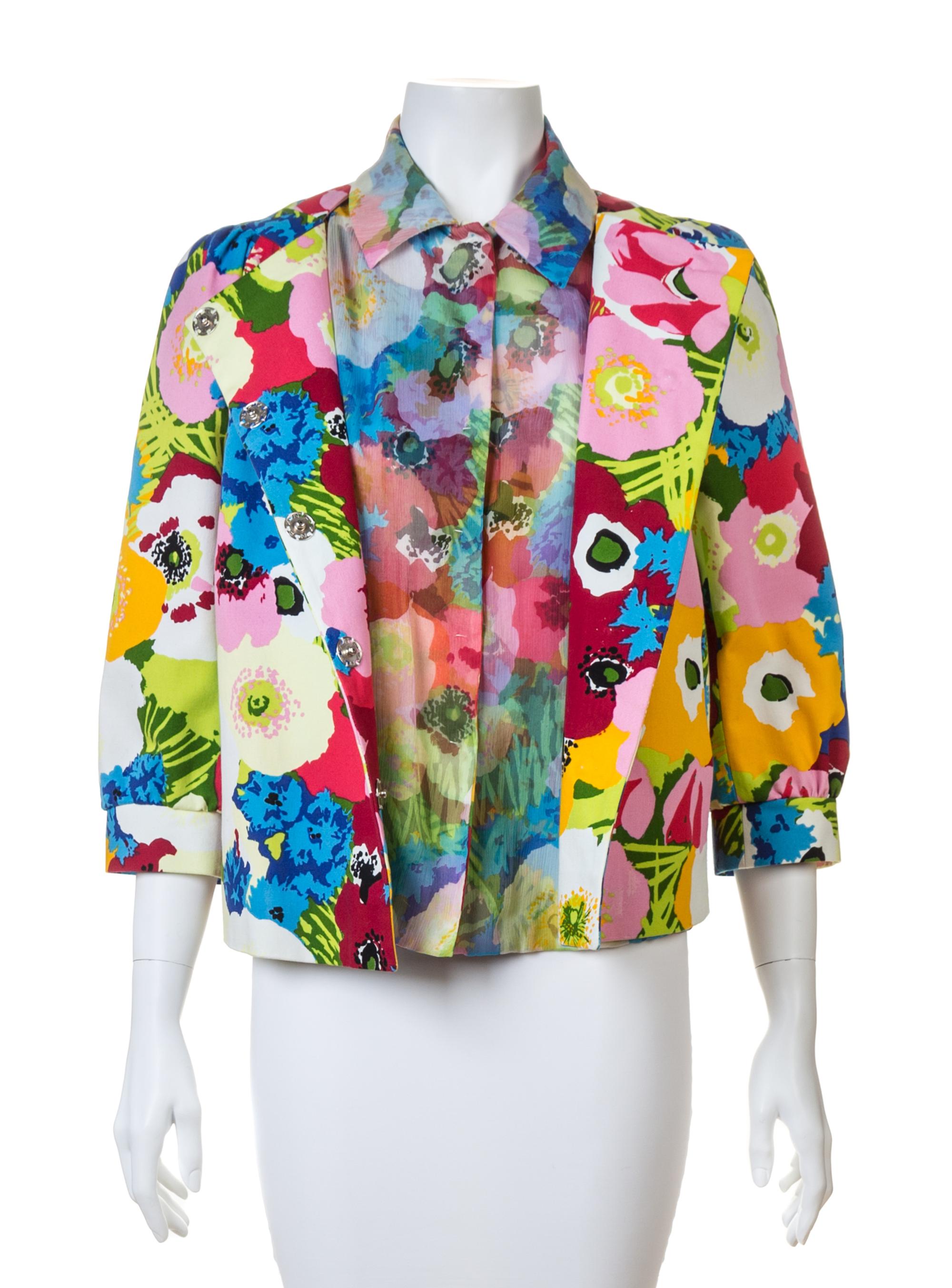 A Moschino Bright Floral Cotton Print Jacket and Blouse, Jacket size 10, Blouse no size.