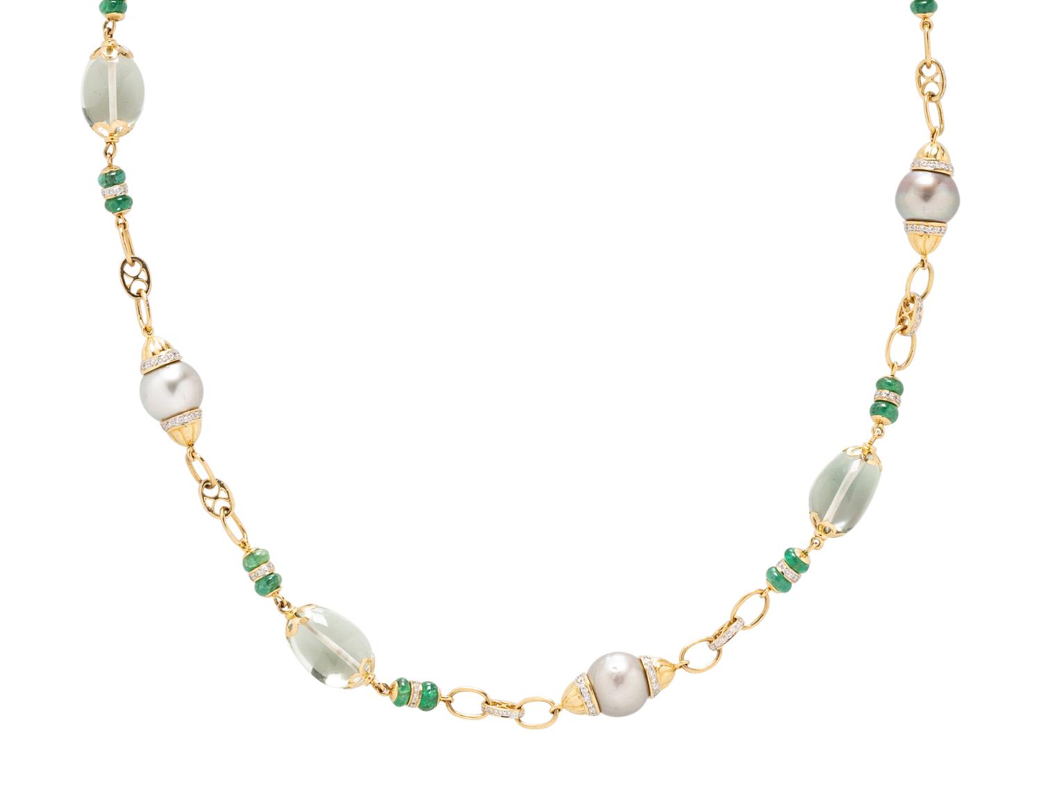 CULTURED GREY PEARL, EMERALD, DIAMOND AND GREEN QUARTZ NECKLACE