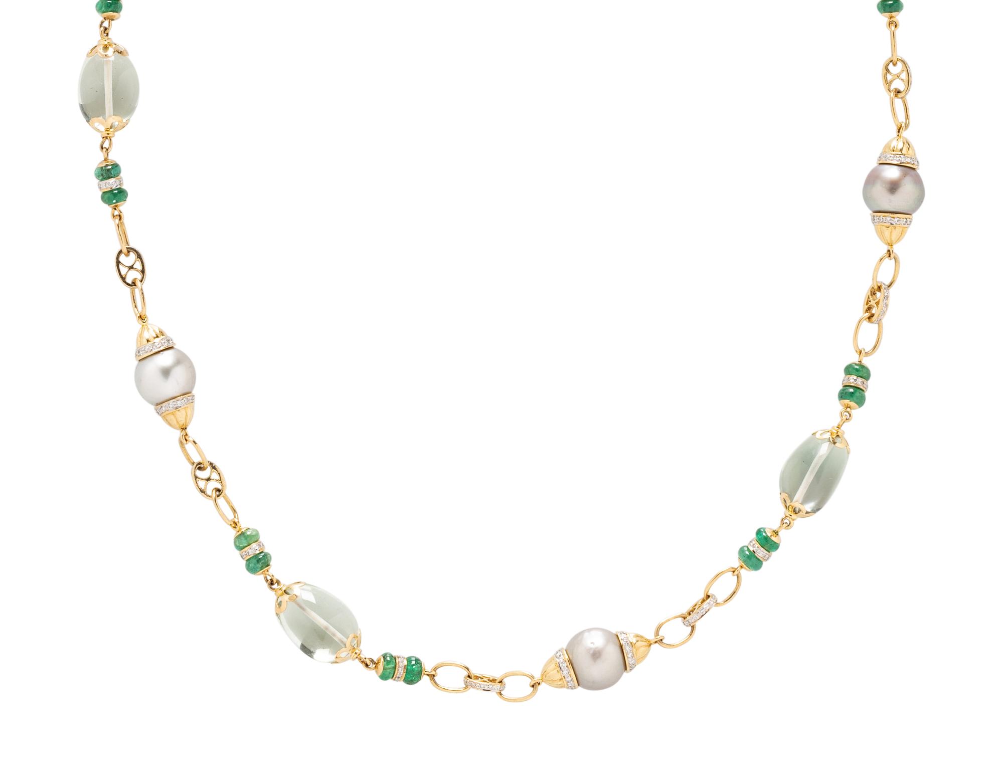 CULTURED GREY PEARL, EMERALD, DIAMOND AND GREEN QUARTZ NECKLACE