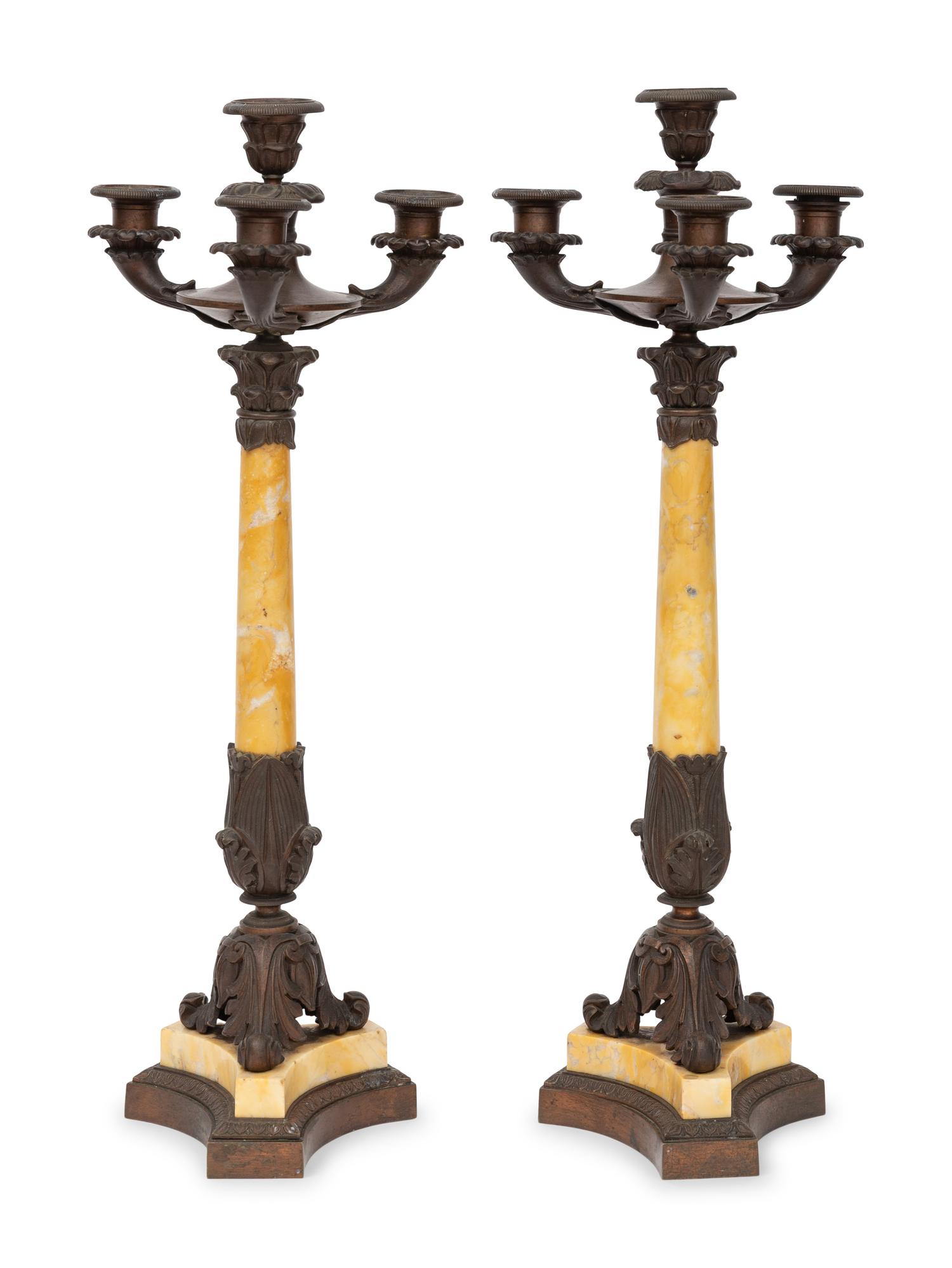 A Pair of French Bronze and Marble Four-Light Candelabra