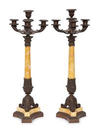 A Pair of French Bronze and Marble Four-Light Candelabra