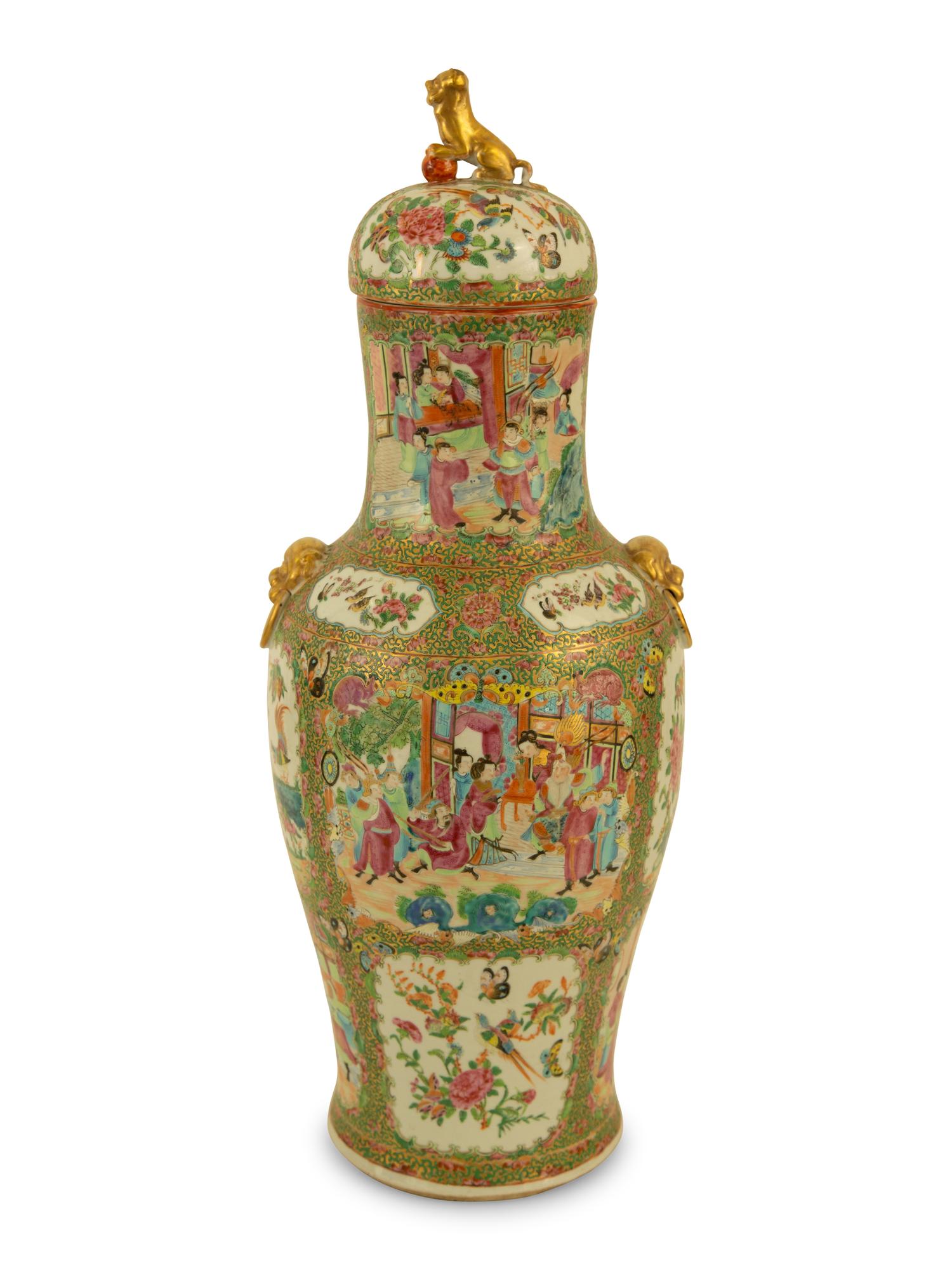 A Large Pair of Chinese Rose Medallion Porcelain Covered Urns