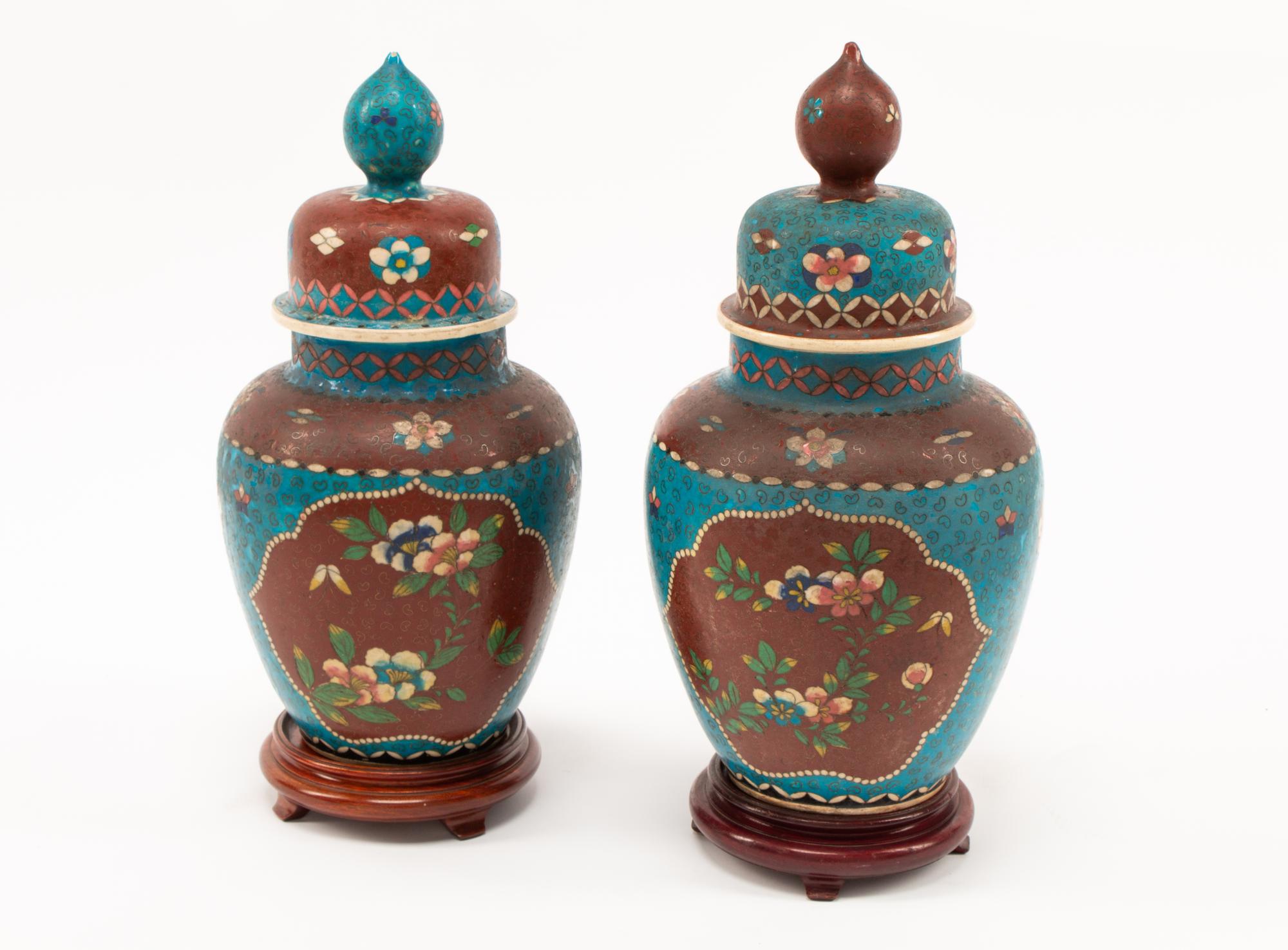 A Pair of Chinese Cloisonné over Porcelain Jars with Wood Bases