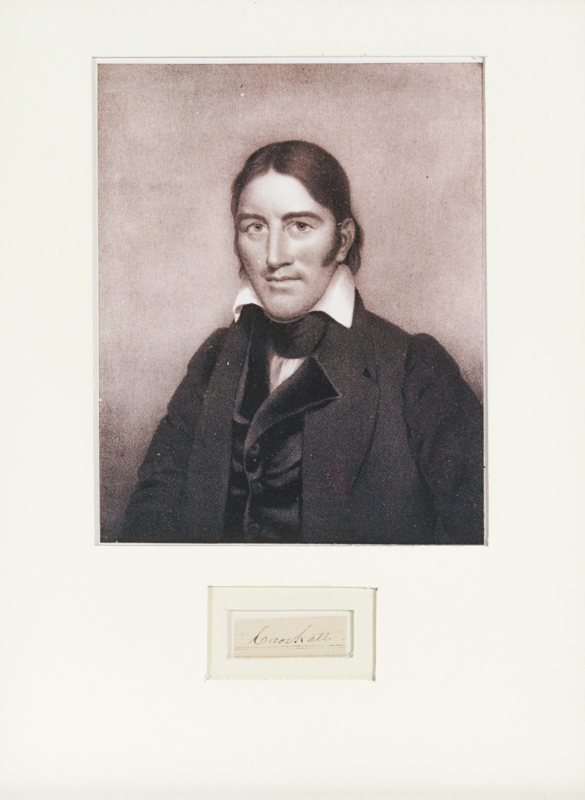 CROCKETT, DAVID ("DAVY") Clipped signature ("Crockett"). Framed with repro. portrait photograph.