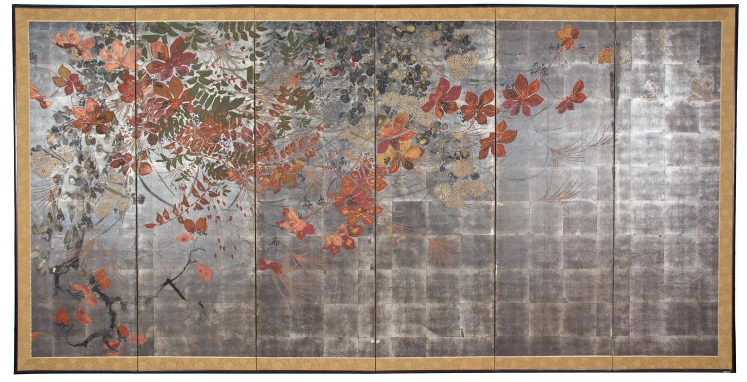 A Pair of Japanese Hand Painted Six-Panel Screens Height of each panel 53 1/2 x width 17 3/4 inches. — MEIJI PERIOD