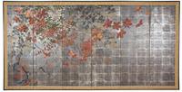 A Pair of Japanese Hand Painted Six-Panel Screens Height of each panel 53 1/2 x width 17 3/4 inches. — MEIJI PERIOD