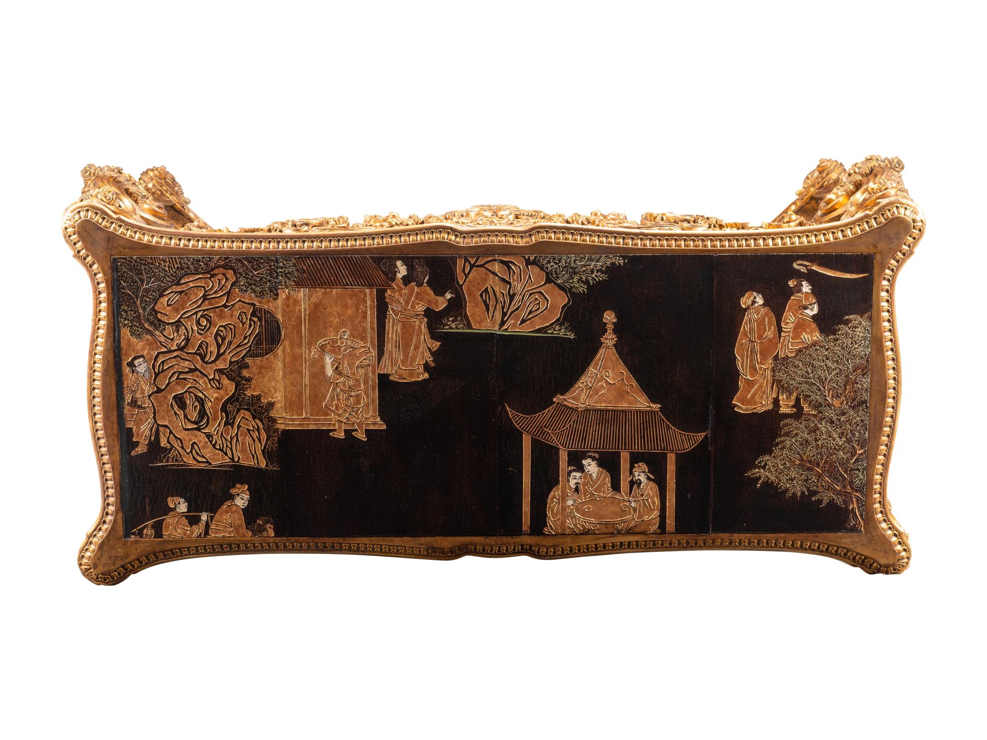 A Louis XIV Style Giltwood and Chinese Lacquer-Inset Salon Table