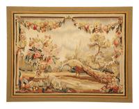 A Framed Needlework Panel Depicting a Peacock in Landscape
