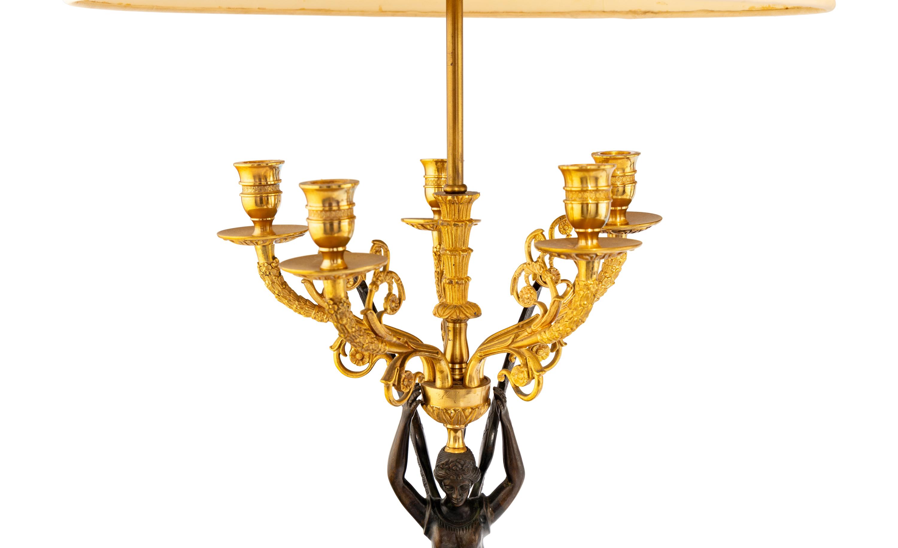 A Pair of Empire Style Gilt and Patinated Bronze Candelabra Mounted as Lamps