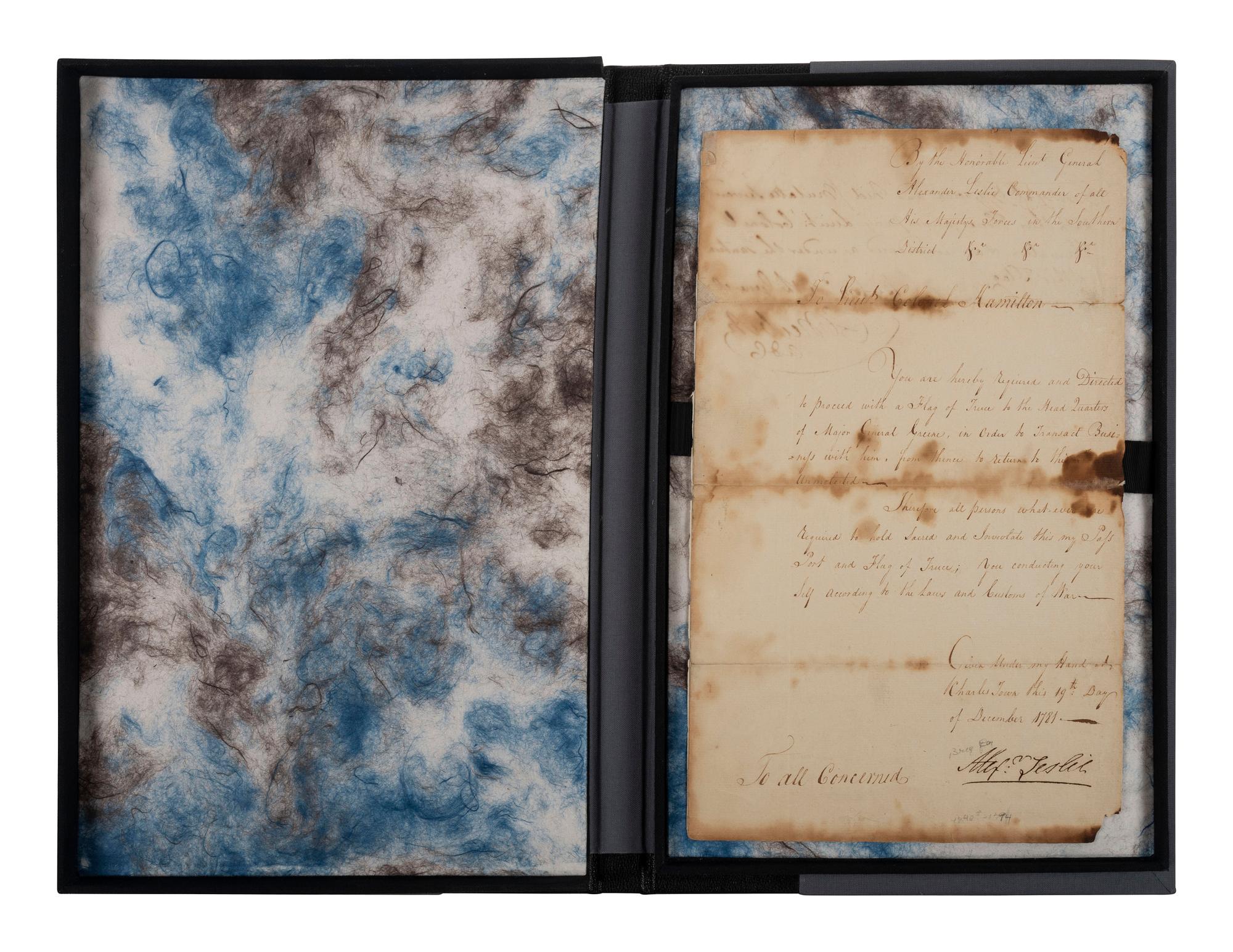 [REVOLUTIONARY WAR]. LESLIE, Alexander (1731-1794). Document signed ("Alexr. Leslie"), DECLARING HIS MEN'S SAFE PASSAGE UNDER FLAG OF TRUCE TO SPEAK WITH GENERAL NATHANAEL GREENE. Charleston, [SC], 19 December 1781.