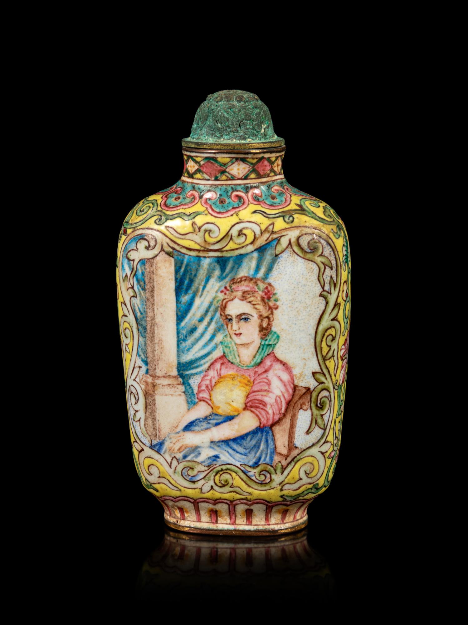 A Canton Enamel on Copper 'European Subject' Snuff Bottle