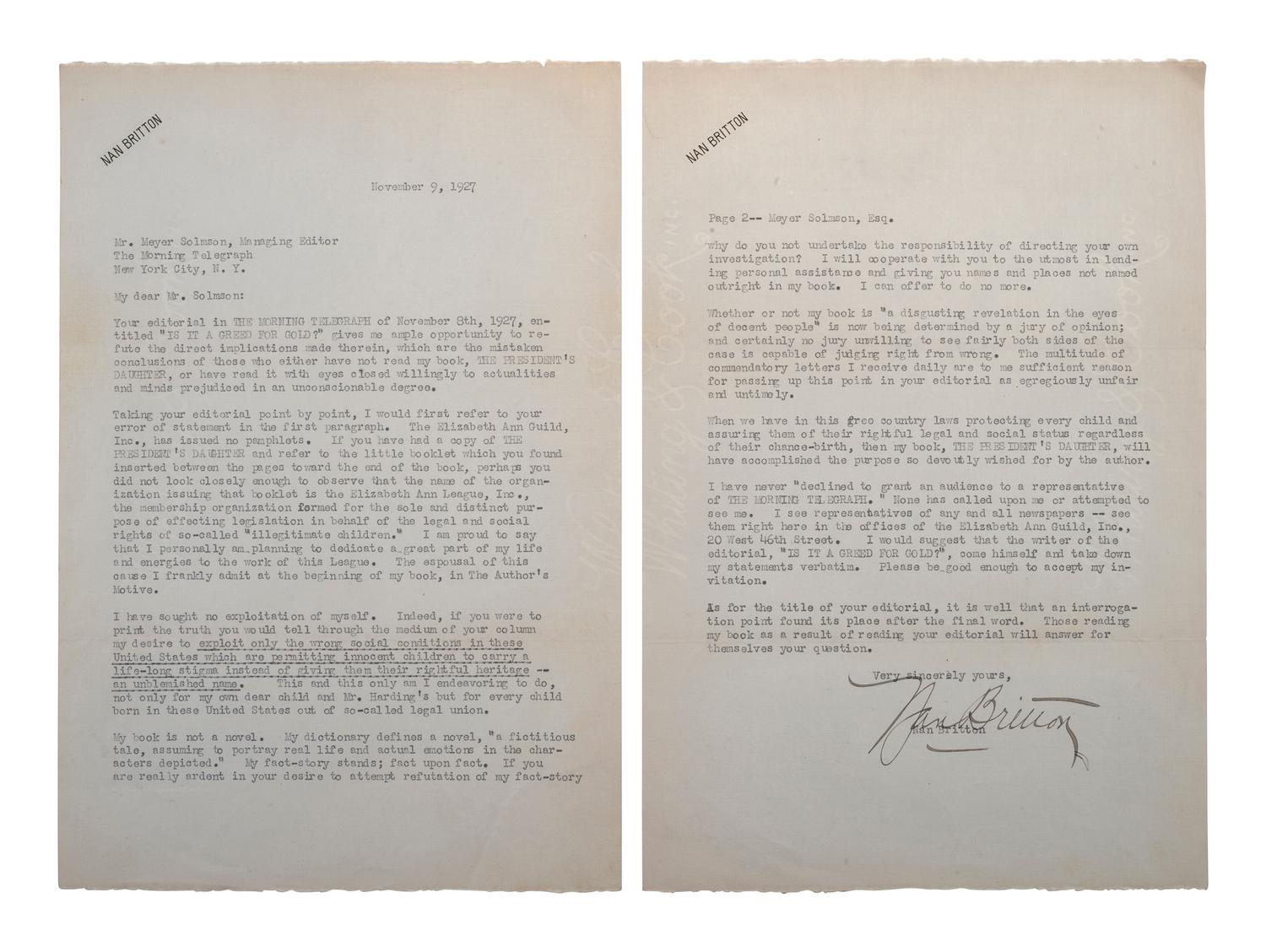 [HARDING, Warren G. (1865-1923)]. BRITTON, Nan. Typed letter signed ("Nan Britton"). 9 November 1927.
