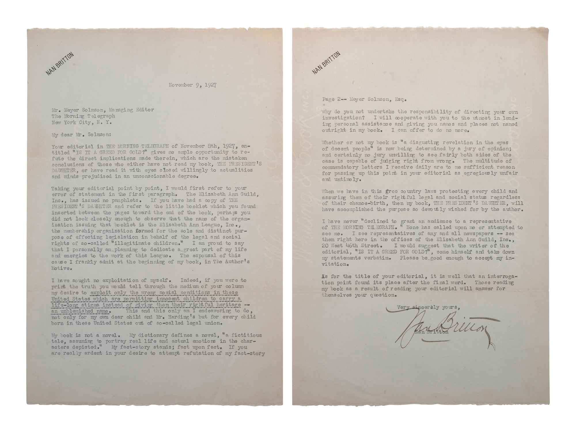 [HARDING, Warren G. (1865-1923)]. BRITTON, Nan. Typed letter signed ("Nan Britton"). 9 November 1927.