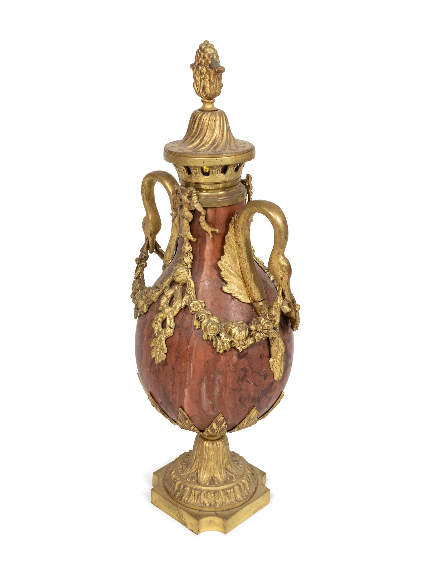 A Pair of Louis XVI Style Gilt-Bronze-Mounted Rouge Marble Urns