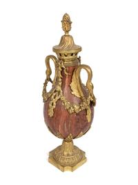 A Pair of Louis XVI Style Gilt-Bronze-Mounted Rouge Marble Urns