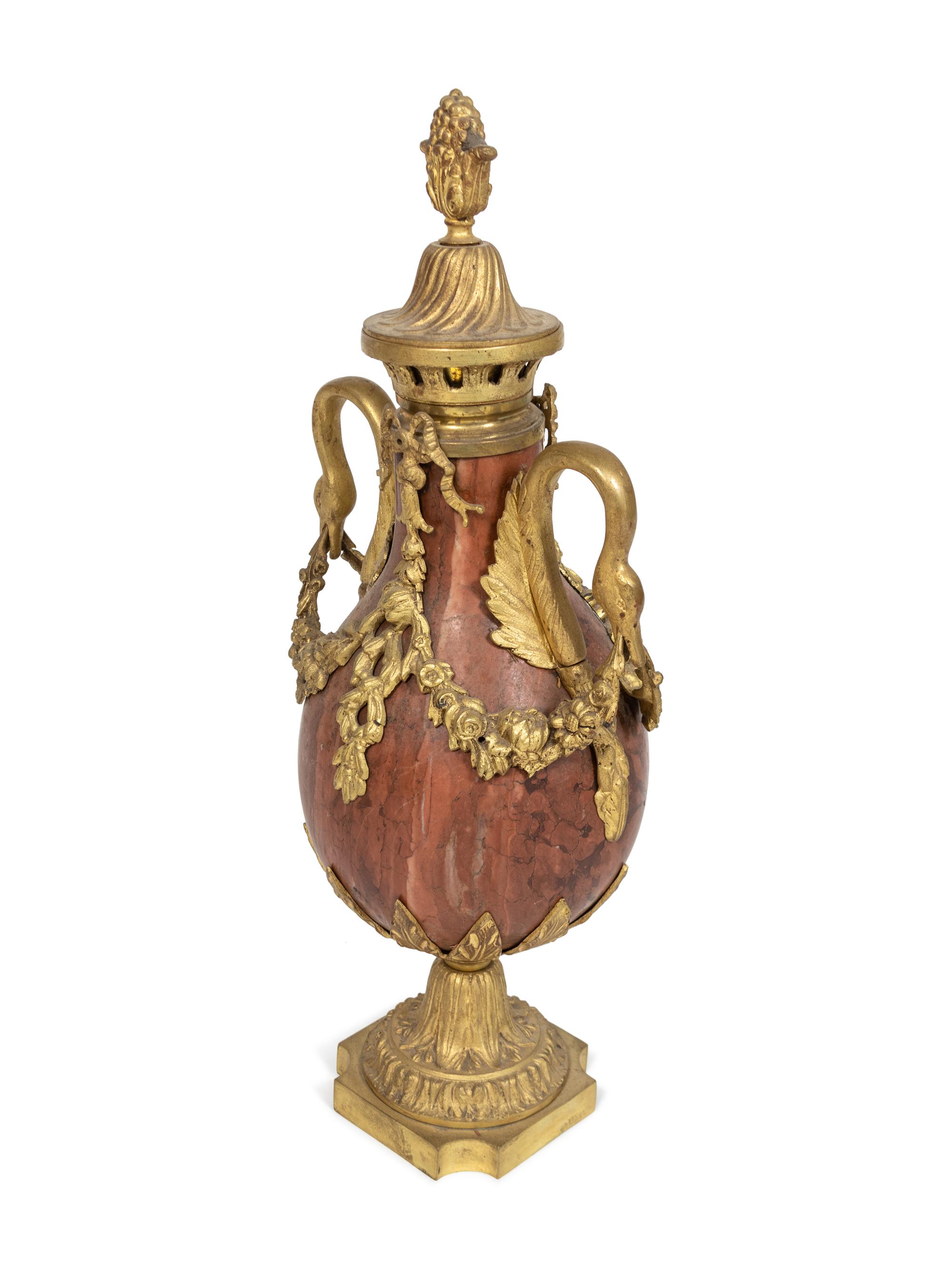 A Pair of Louis XVI Style Gilt-Bronze-Mounted Rouge Marble Urns