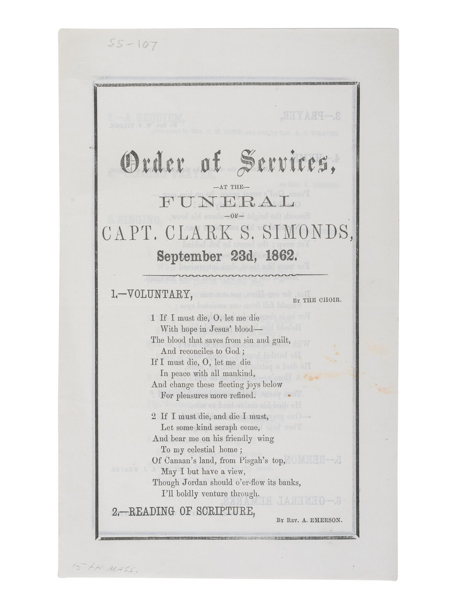 [CIVIL WAR]. Antietam grouping, incl. printed Order of Services for Funeral of Capt. Clark S. Simonds, 15th Mass, KIA Antietam. 23 September 1862.