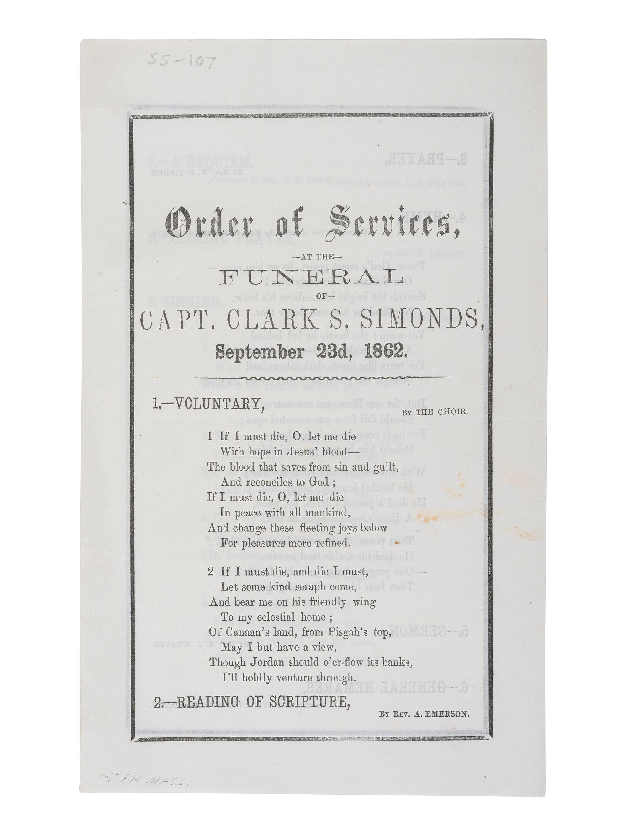 [CIVIL WAR]. Antietam grouping, incl. printed Order of Services for Funeral of Capt. Clark S. Simonds, 15th Mass, KIA Antietam. 23 September 1862.