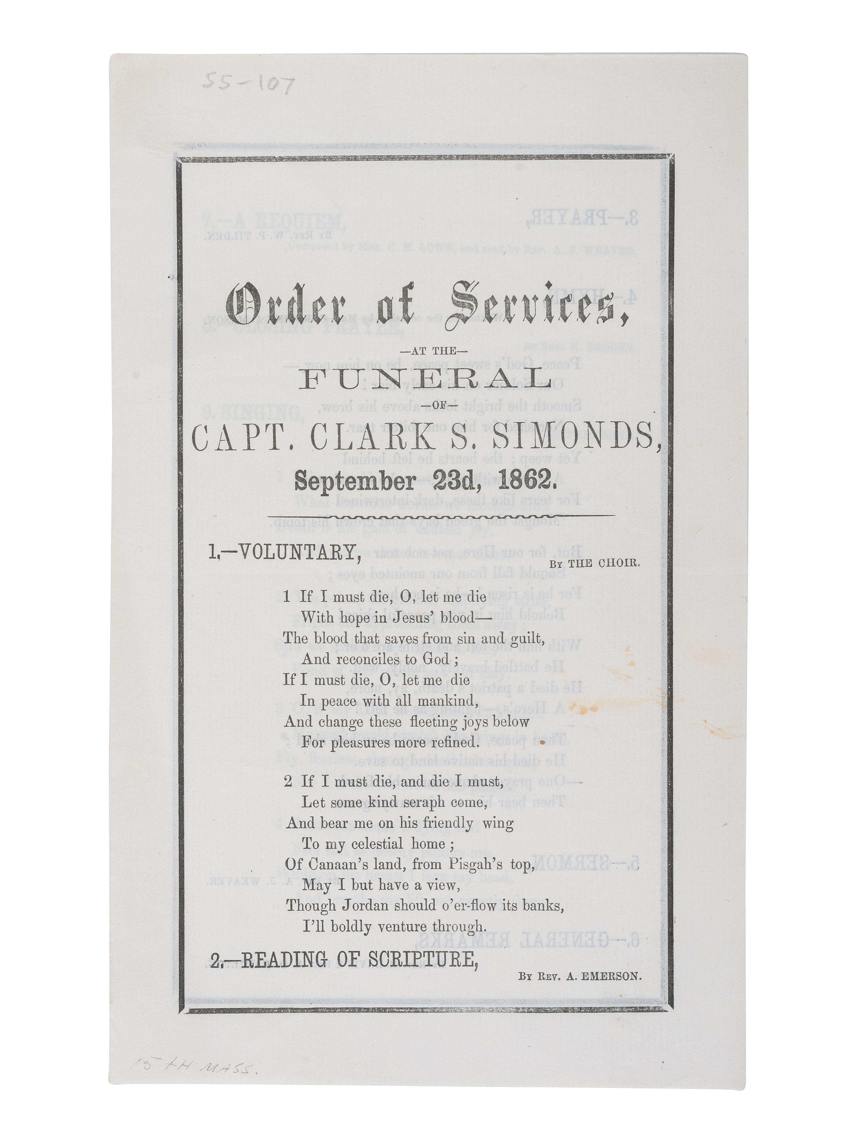 [CIVIL WAR]. Antietam grouping, incl. printed Order of Services for Funeral of Capt. Clark S. Simonds, 15th Mass, KIA Antietam. 23 September 1862.
